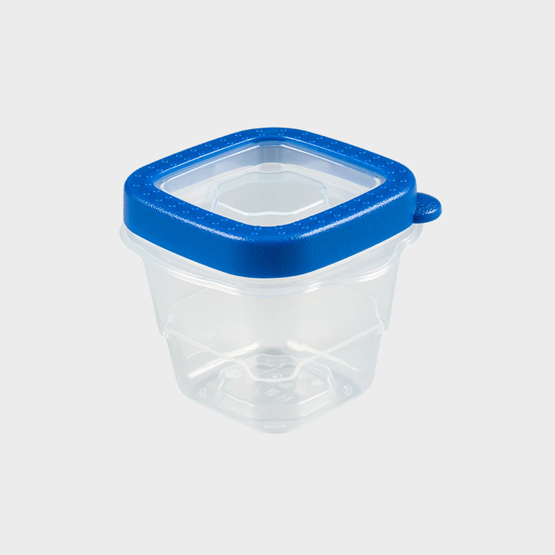 PFB023 Recipiente de preservação de alimentos em PP quadrado em miniatura de 118 ml (4 onças), conjunto de 4 unidades com tampas sobremoldadas azuis