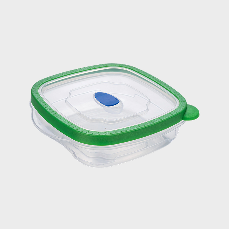 PFB027 Recipiente de preservação de alimentos em PP quadrado raso de base larga de 710ml com tampa sobremoldada verde ventilada